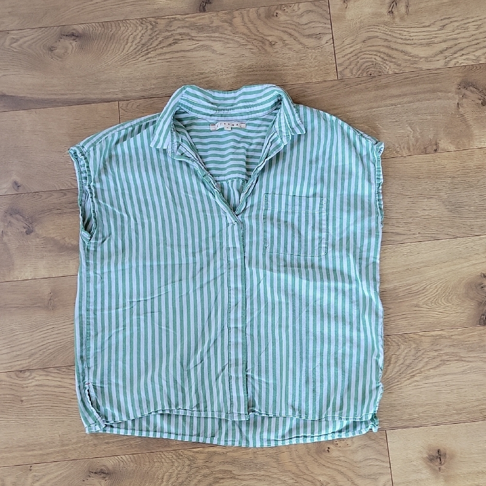 XiRENA Green and Light Grey Striped Cotton Blouse